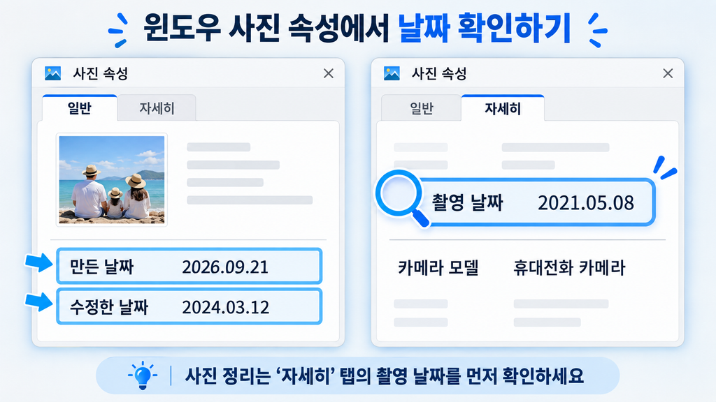 윈도우 사진 속성에서 촬영 날짜 만든 날짜 수정한 날짜 확인하기