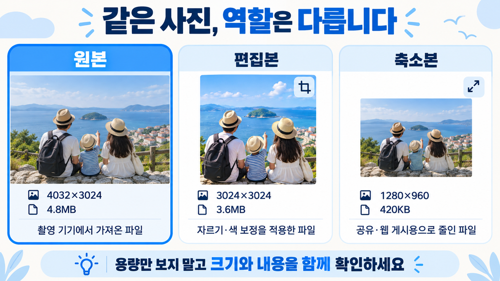 같은 사진의 원본 편집본 축소본 차이 비교