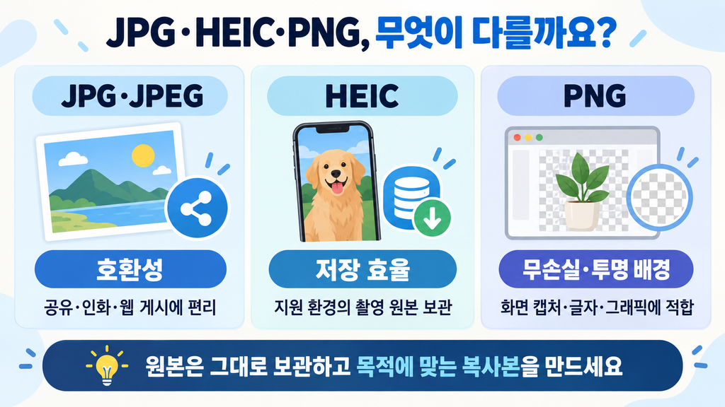JPG HEIC PNG 사진 파일 특징과 추천 용도 비교
