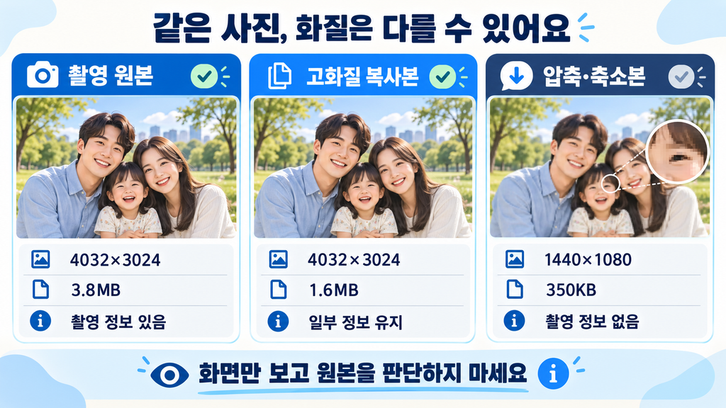 메신저 가족사진의 촬영 원본 고화질 복사본 압축본 비교