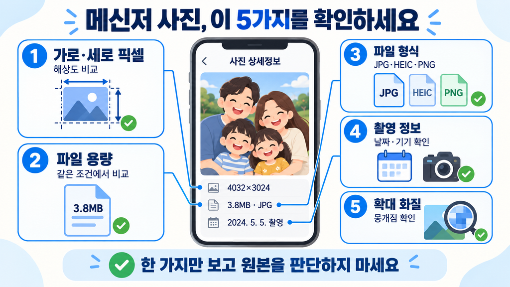 메신저로 받은 사진의 원본 여부를 확인하는 다섯 가지 항목