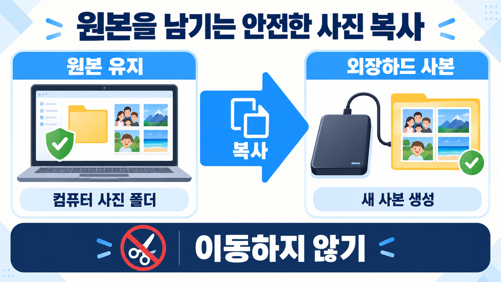 원본 사진 폴더를 유지한 채 외장하드에 사본을 만드는 안전한 복사 구조