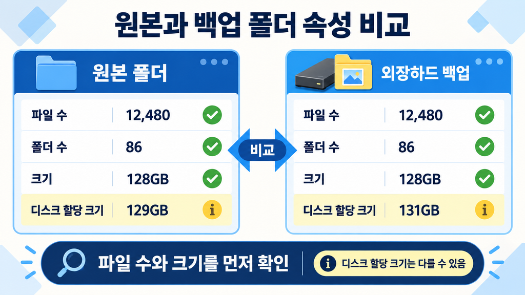 Windows 폴더 속성에서 원본과 외장하드 백업의 파일 수와 크기를 비교하는 방법
