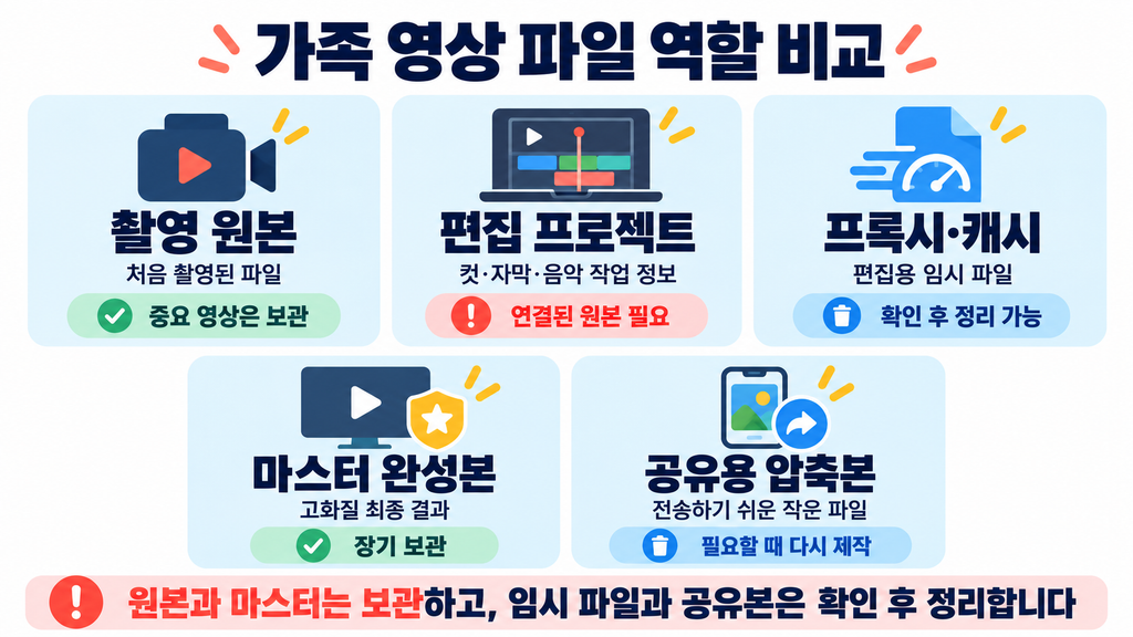 가족 영상의 촬영 원본 편집 프로젝트 프록시 마스터 공유용 파일 역할 비교