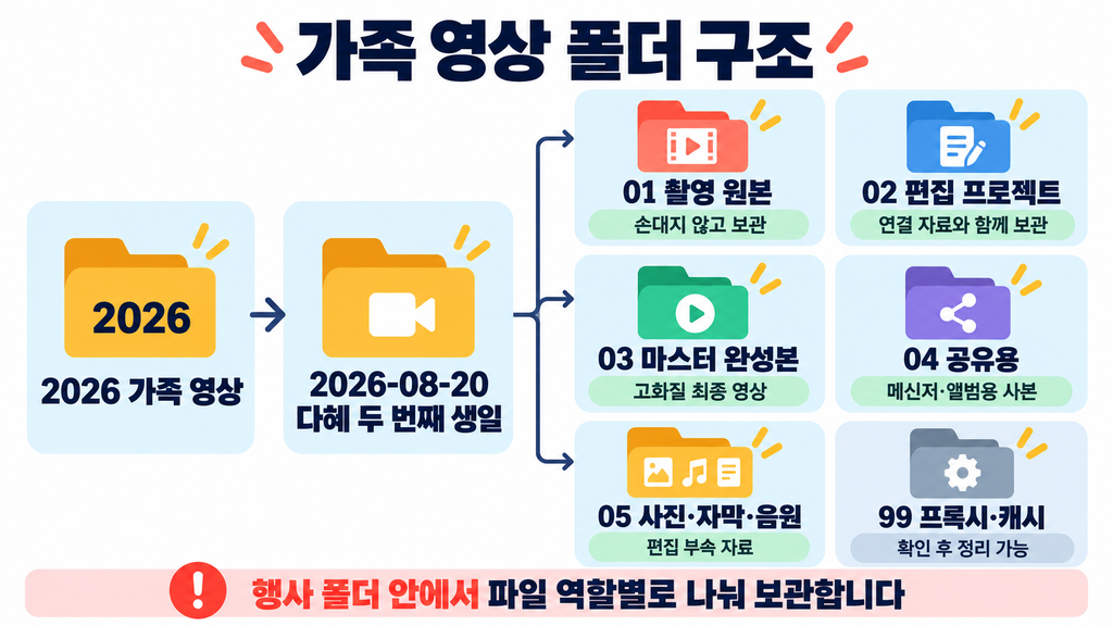 날짜와 행사별 가족 영상 폴더 안에 원본 프로젝트 마스터 공유본을 나눈 구조