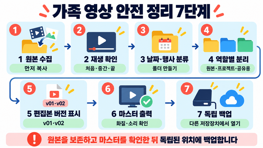 가족 영상의 원본 수집부터 마스터 출력과 독립 백업까지 일곱 단계