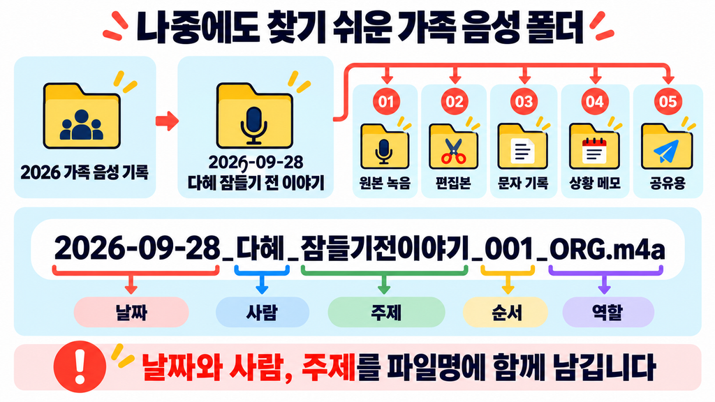 연도와 주제별 가족 음성 폴더 안에 원본 편집본 문자 기록 상황 메모를 나눈 구조
