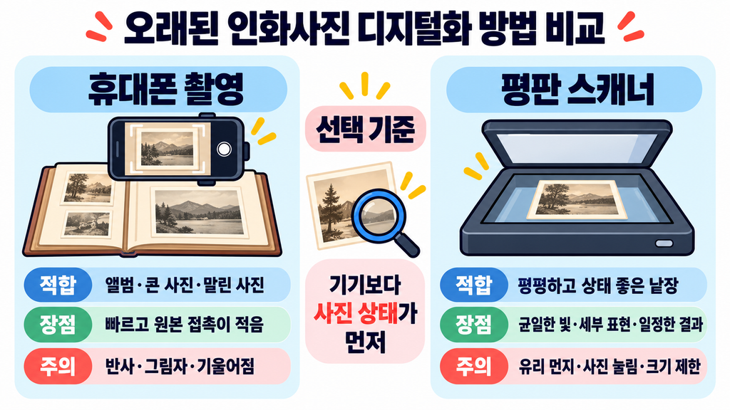 오래된 인화사진을 휴대폰으로 촬영하는 방법과 평판 스캐너로 스캔하는 방법 비교