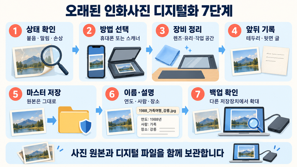 오래된 인화사진 상태 확인부터 촬영 스캔 파일 백업까지 일곱 단계