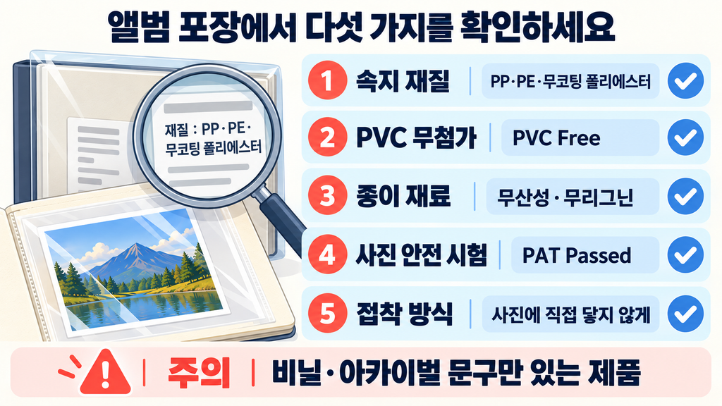 사진 앨범 포장에서 PP PE 무코팅 폴리에스터 PVC 무첨가 무산성 무리그닌 PAT 표시를 확인하는 방법