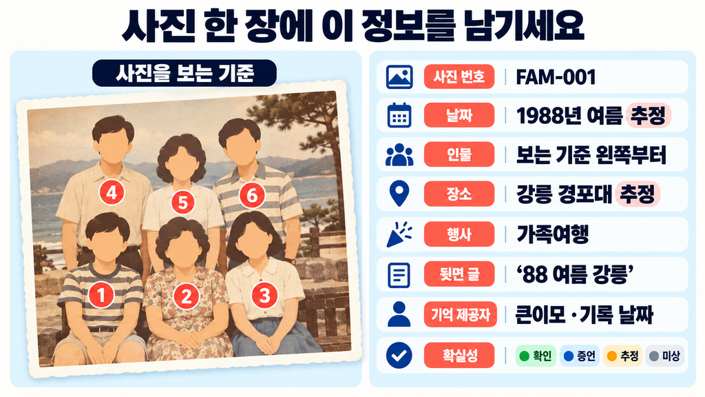 옛날 가족사진에 사진 번호 날짜 인물 위치 장소 행사 뒷면 글 기억 제공자와 확실성을 기록하는 카드