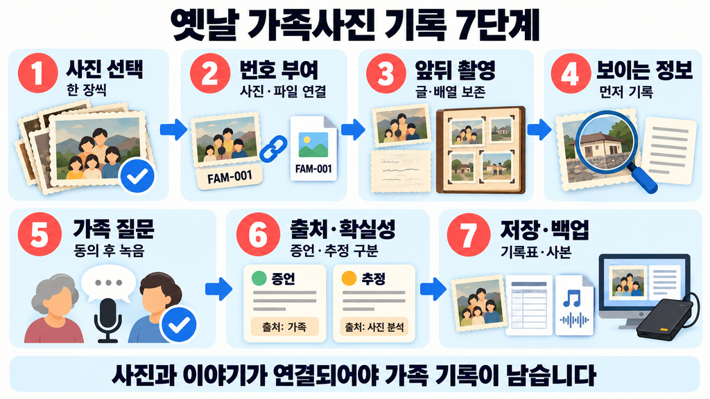 옛날 가족사진 선택부터 번호 부여 앞뒤 촬영 가족 질문 정보 출처 표시와 백업까지 일곱 단계