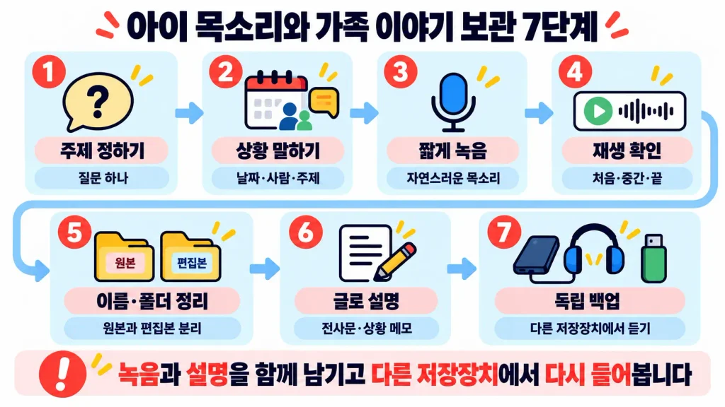 아이 목소리와 가족 이야기를 녹음하고 설명을 적어 독립 백업하는 일곱 단계