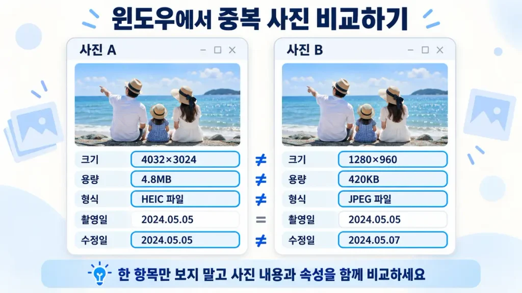 윈도우에서 중복 사진의 크기 용량 촬영일 수정일 비교하기